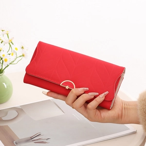 Élégant Portefeuille Long pour Femmes Cuir PU Style Coréen Boucle de Feuille Pochette Pliable Multi-emplacements Porte-monnaie