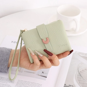 Women Pebbled Leather Wallet Short Trifold Purse Multi Card Slot Coin Pocket With Wrist Strap Casual Ladies Small Handbag