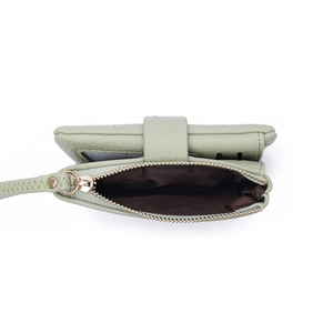 Women's light green litchi texture PU wallet with gold zipper and wrist strap