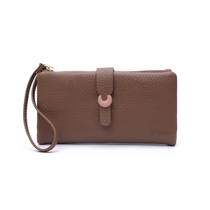 Detailed view of brown lychee grain leather wallet with pink C-shape metal buckle and wrist strap