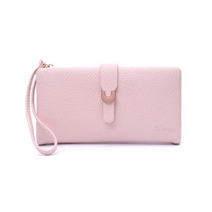 Detailed view of pink pebble grain leather wallet with rose gold C-shaped metal buckle