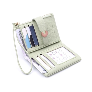 Mint green litchi grain PU leather women's multi-functional wallet with wrist strap