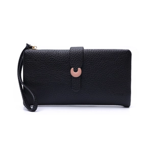 Detail of black long wallet featuring pebbled leather texture and golden C-buckle strap