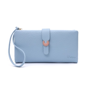 Detail of light blue pebble leather long wallet featuring a rose gold U-shaped metal buckle