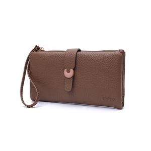 Detail of dark brown leather long wallet featuring litchi texture and metal U-clasp
