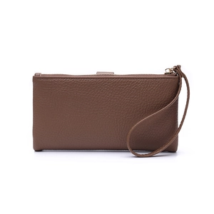 Brown litchi grain leather long clutch wallet for women with zipper and wrist strap