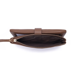 Internal view of brown leather wallet showing large capacity and zipper pocket