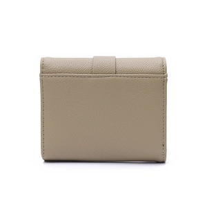 Detail view of khaki pebbled leather trifold wallet featuring neat stitching and back pocket