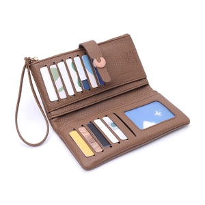 Brown litchi grain leather long wallet for women with multi-card slots and wristlet