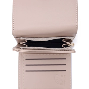 Short tri-fold apricot leather wallet for women with double zippers and coin compartment