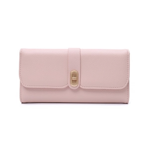 Minimalist long pink faux leather wallet for women with golden twist lock on white background
