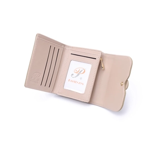 Internal view of short trifold wallet featuring card slots and a clear ID window