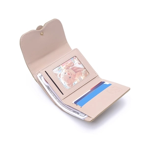 Pink minimalist short trifold wallet for women with card slots and a photo window