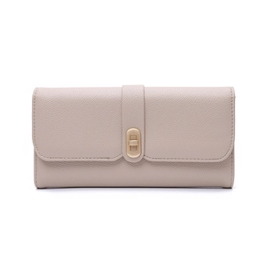Detail of light khaki pebble grain leather long wallet with gold 'BEAUTIFUL' twist lock