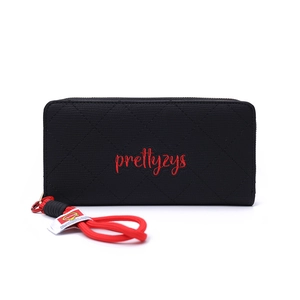 Close-up of quilted black leather long wallet with red woven wristlet and brand embroidery