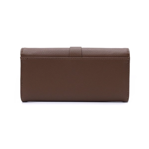 Close-up of brown litchi grain leather long wallet with snap button strap closure