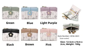 Detail view of floral clasp on a compact wallet with multiple card slots and zip pocket