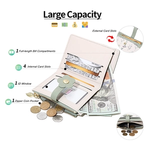 Green and beige bifold wallet for women with flower buckle and multiple card slots