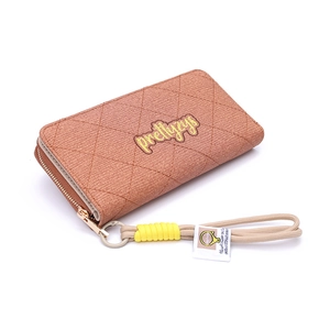 Minimalist caramel woven long wallet in soft faux leather with wrist strap for women