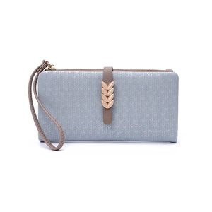 Detail of light blue woven PU leather wallet with rose gold wheat pattern metal buckle