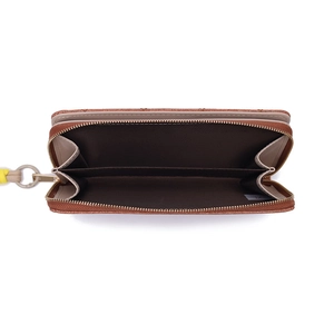 Internal view of brown woven texture long wallet with three compartments and gold hardware