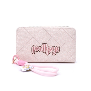 Close-up of pink quilted PU leather wallet with zipper and prettyzys embroidered logo