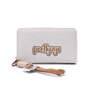 Detailed view of beige lattice quilted wallet with zipper and woven wrist strap lanyard