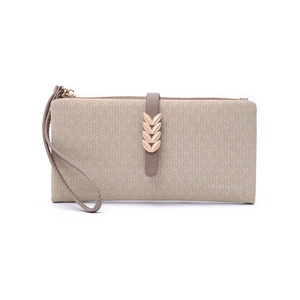 Detail of light khaki leather wallet featuring leaf ornament and gold zipper closure