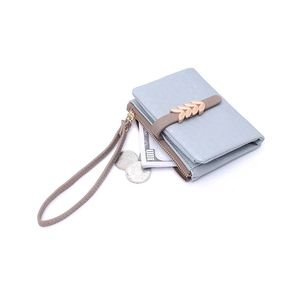 Detail of light blue faux leather purse showing the coin pocket and bill compartment