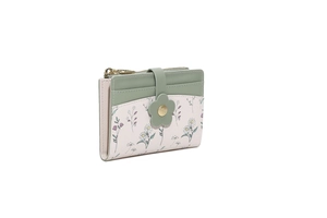Detail view of floral card holder with daisy patterns and a 3D flower snap closure