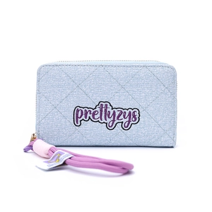Close-up of light blue quilted PU leather wallet with diamond stitching and wrist strap
