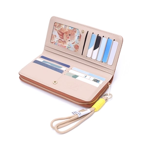 Minimalist woven faux leather long wallet in beige pink with multi-card slots and wristlet