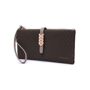 Brown woven texture long wallet with golden leaf buckle and zipper closure