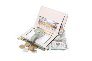 Detail view of the open wallet interior featuring multiple card slots and floral clasp