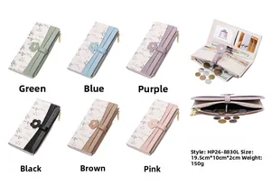 Detail view of long floral wallet with flower clasp and multi-slot interior organization