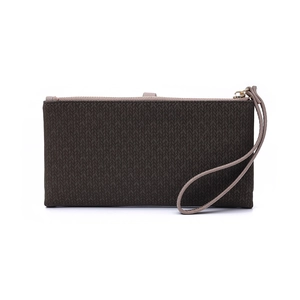 Detail view of woven texture and gold zipper on olive green long wristlet wallet