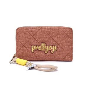 Detail shot of brown quilted PU leather zip-around wallet with logo and lanyard strap