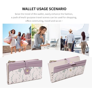 Detail of purple floral long wallet showing card slots and metal zipper compartment