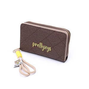 Detail of coffee brown PU leather long wallet with lattice pattern and wrist strap