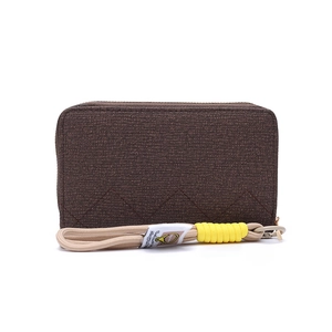 Detailed view of the dark brown checkered texture and metal zipper on the wristlet wallet