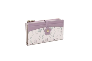 Detail view of purple floral拼接 leather long wallet with flower snap and gold zipper