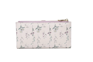 Detail of floral women's long wallet with daisy prints and a gold circular zipper pull