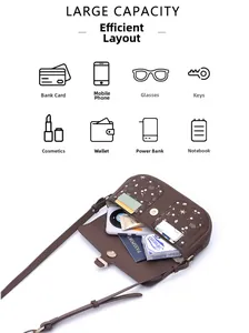 Detailed view of brown crossbody bag with floral pockets and large capacity layout