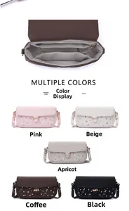 Close-up of multi-compartment interior and five color options of the floral crossbody bag