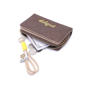 Deep brown quilted PU leather women's wallet with zipper closure and woven wristlet