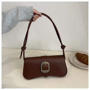 Sac Sous Le Bras Femme En Cuir PU Vintage Fond Incurvé Avec Grande Boucle Dorée Bandoulière Nouée Mode