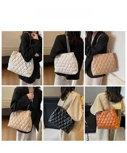 Multiple views of a quilted chain tote bag in several colors shown on a model