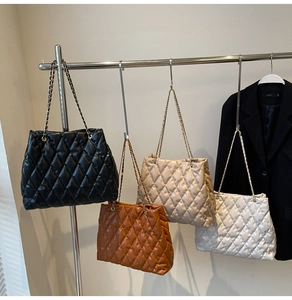 Detailed comparison of quilted chain bags in black, brown, beige, and white colors