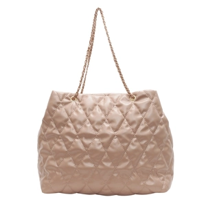 Beige quilted tote bag with golden woven chain straps and large capacity for women