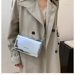 Glossy silver mirror crossbody chain bag with Sunita & Fashion logo for women